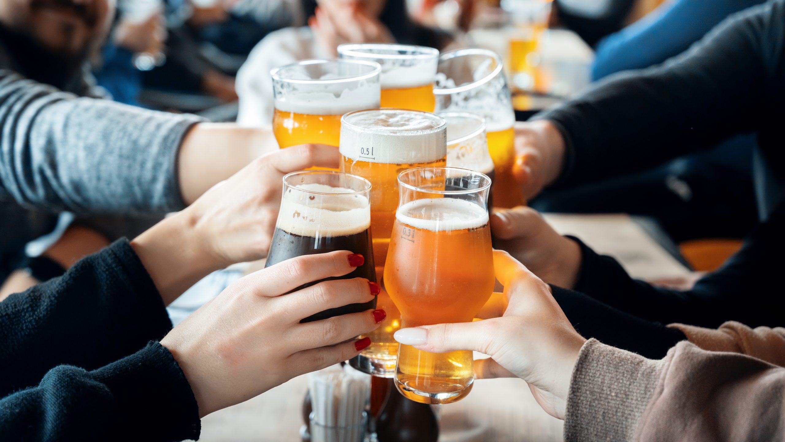 View of a group of people clinking glasses with beer
